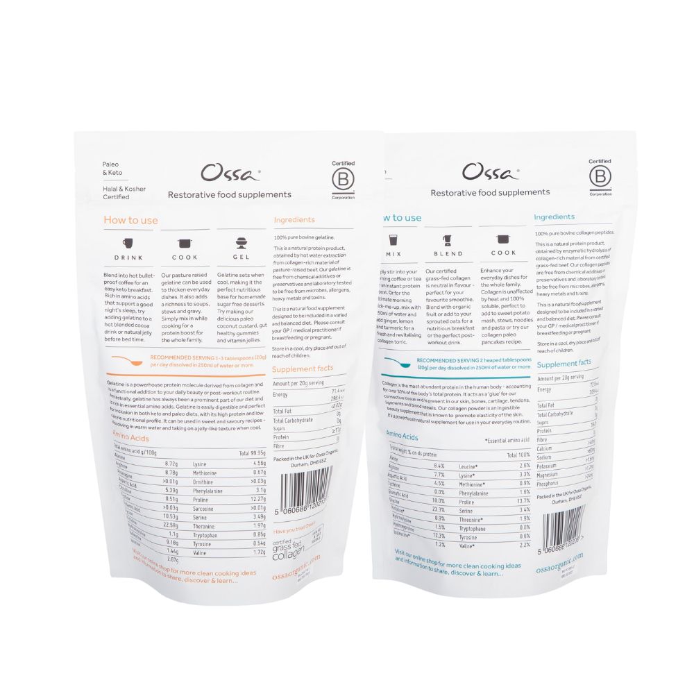 Ossa Certified Grass Fed Collagen Peptides and Ossa Pasture Raised Gelatin
